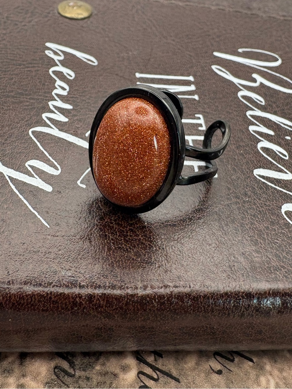 Handmade Goldstone Ring Whimsigoth Celestial Witchy Black Adjustable